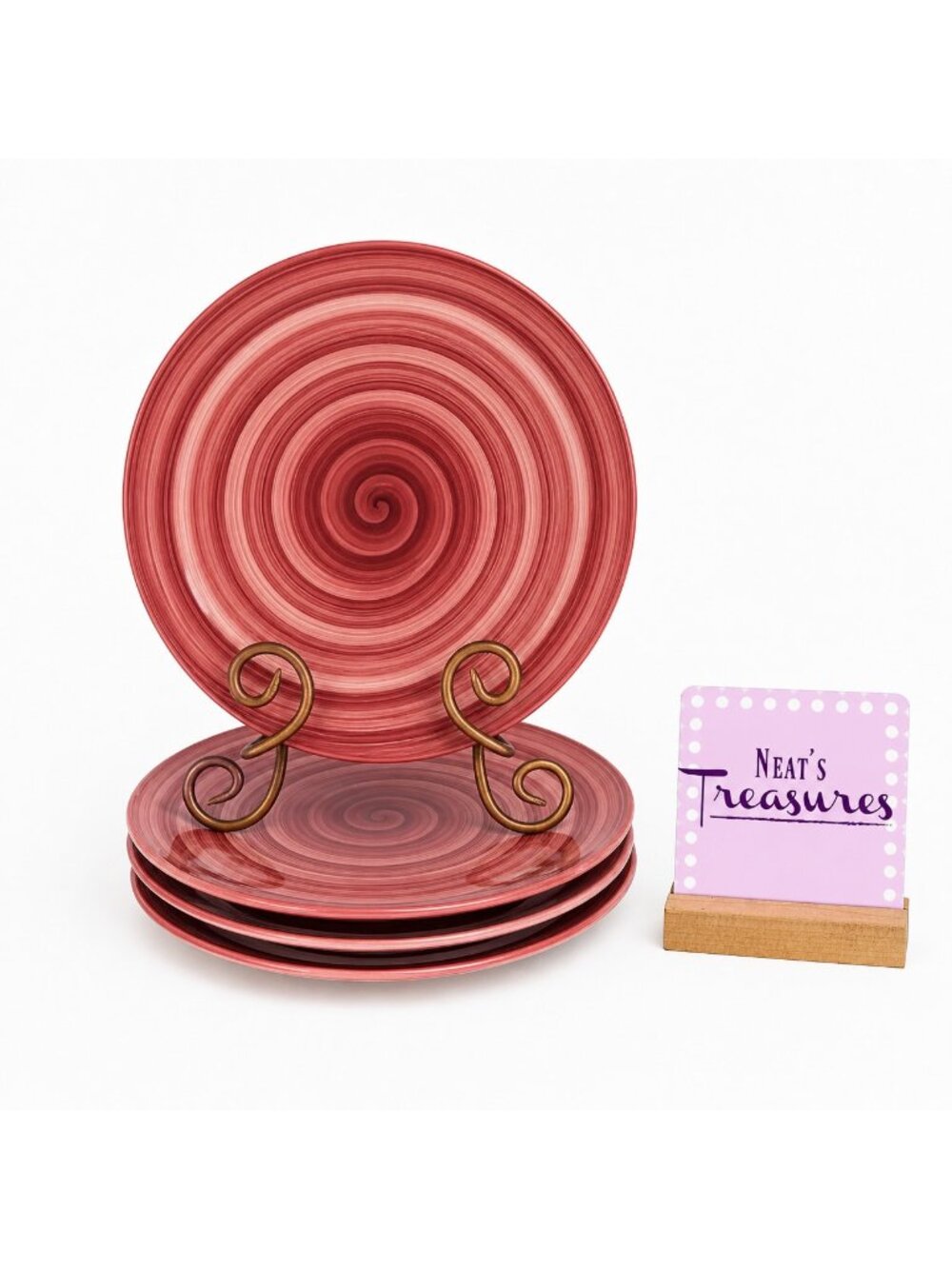 Citrus Grove SWIRL C8G5 Dark Red Pink Hand Paint Stoneware Dinner Plates Set 4